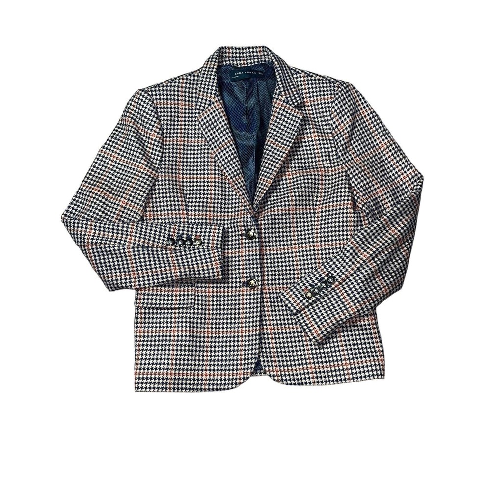 Zara Woman Size Medium Plaid Houndstooth Crest Button Blazer Sport Coat Jacket